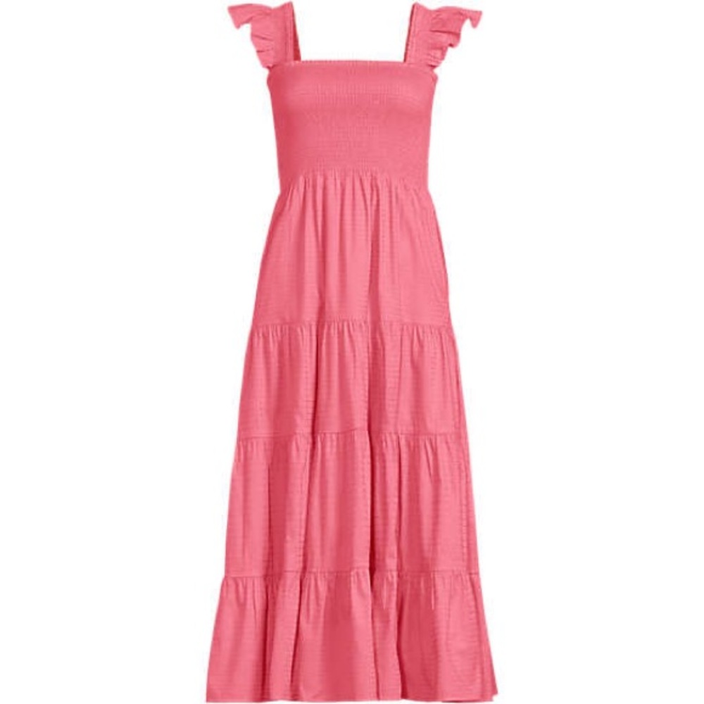 Lands' End smocked Tiered ruffle sleeve dress in coral pink